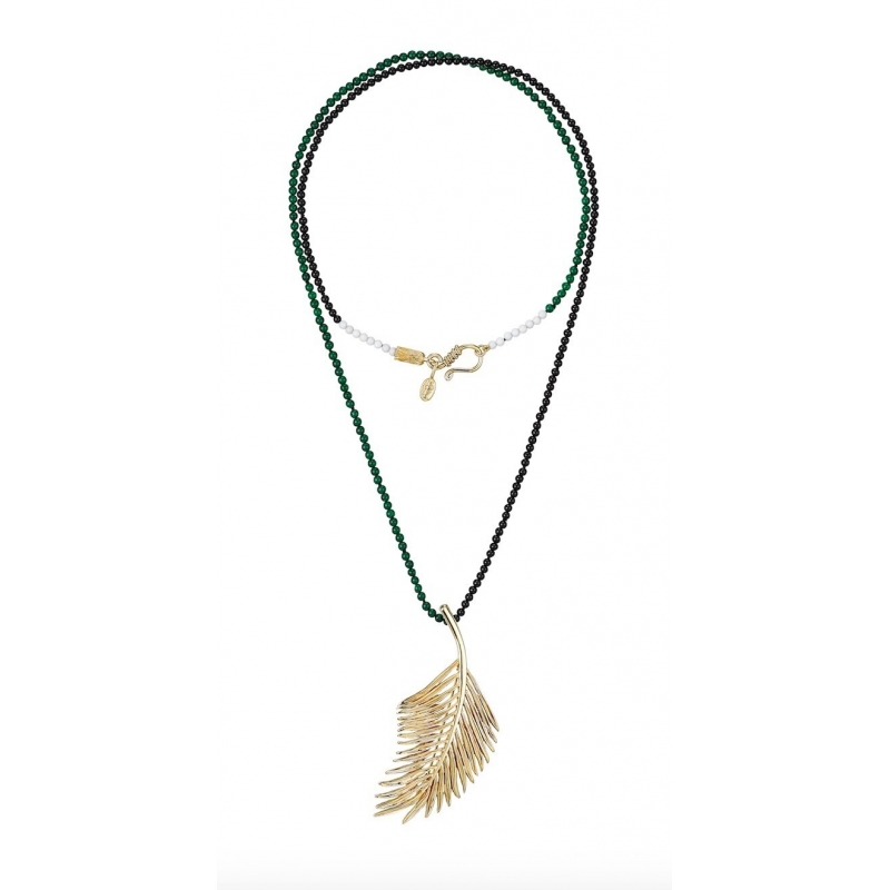 Collar largo de jade,  ágata blanca y ónix con plata de ley /oro amarillo