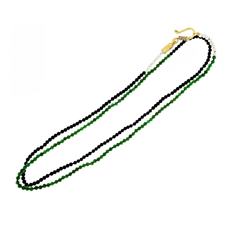 Collar largo de jade,  ágata blanca y ónix con plata de ley /oro amarillo