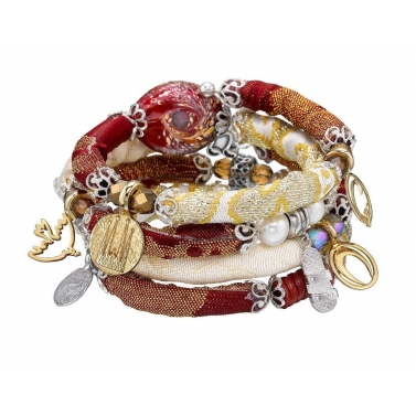 Brazalete de plata recubierta de oro,perlas y tela.