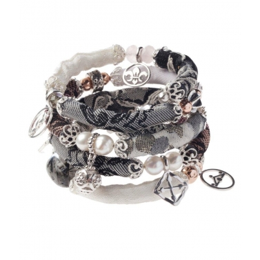 Brazalete de plata recubierto de oro rosa , perlas y tela.