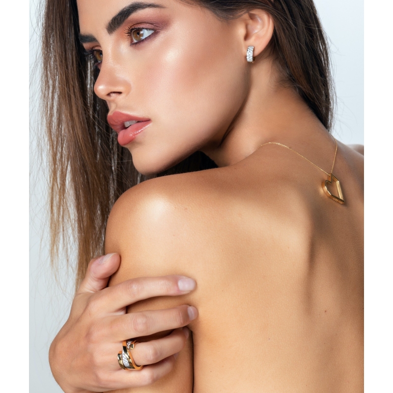 Double sided hoops, yellow and white gold with whi