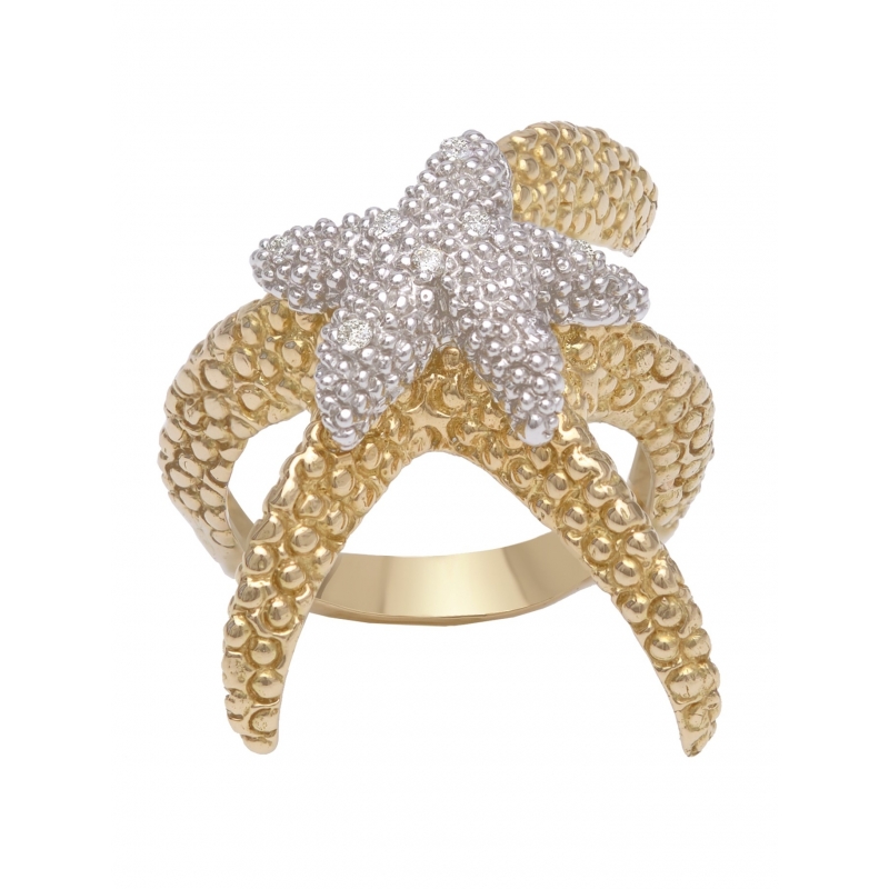 ANILLO ESTRELLA DOBLE EN ORO AMARILLO Y BLANCO
