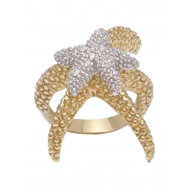 ANILLO ESTRELLA DOBLE EN ORO AMARILLO Y BLANCO